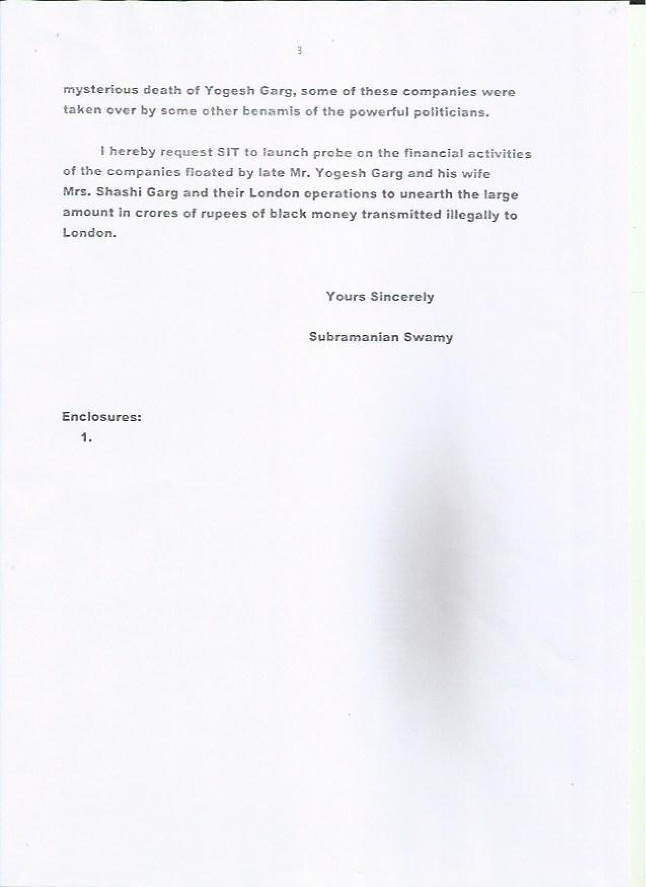 Dr Swamy Wrote To Black Money Sit Team To Investigate A Major Scam - subramanian swamy s complaint to sit black money against infraline technology june 16 2015