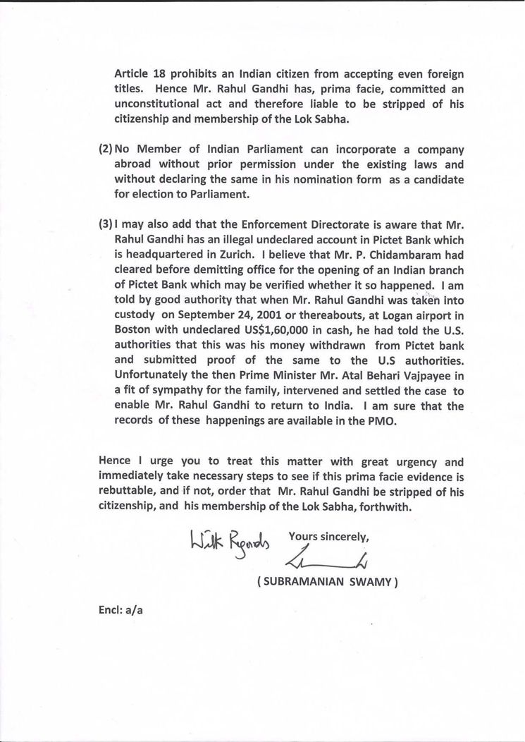 Subramanian Swamy's letter to PM on Rahul Gandhi and his British nationality 002 scanned copy